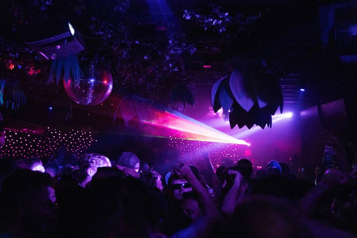A packed Gorg-O-Mish dancefloor under a mirror ball and a magenta laser